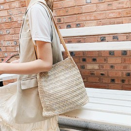 TENDYCOCO Shoulder Bag Straw Bucket Bag Weave Beach Bag Handbag Handmade for Women, beige