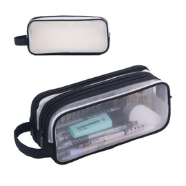 Qwrqwr Clear Pencil Mesh Case with 2 Compartments and Zipper for School Students Exams Home Office Accessory Transparent Pen Bag with Large Capacity Travel Makeup Pouch Organize for Women