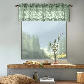 OWENIE Leyna 14 Inch Sage Green Valance for Windows 2 PCS Sheer Curtains, Jacquard Leaves Textured Small Kitchen Valances Curtain for Living Room Bedroom, Modern Rod Pocket Drapes, 40Wx14L Inch