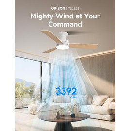 Orison 42-Inch Ceiling Fans with Lights, Low Profile, Flush Mount, Features RGB Backlight, Dimmable Lighting, 6 Speeds, 3 Reversible Blades, Remote and App Control, White