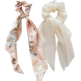 Floral Patterned Satin and Solid Colored Chiffon Hair Scarf Scrunchie Set, 2 Pieces (Pink Floral and Cream)