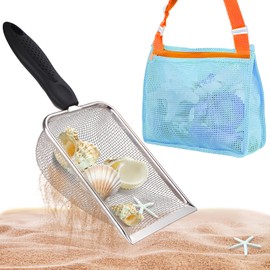 soleim Beach Mesh Shovel with Mesh Bag, Beach Shovel for Kids Shell Collecting, Kids Filter Sand Scooper for Picking Up Shells (Black and Blue)