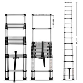 HOSTIC 14.5 FT Telescoping Ladder 330 lbs Capacity Heavy Duty Aluminum Extendable Ladder Collapsible Locking Mechanism for Attic Household Use Outdoor Work