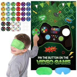 Waenerec Pin the Button on the Video Game with 32PCS Video Game Stickers 20’’ X 28’’ Video Game Party Favor Poster for Kids Wall Home Room Video Game Birthday Party Decorations Supplies
