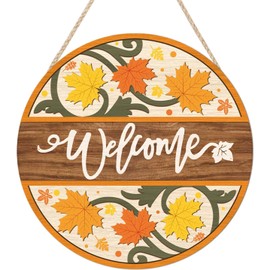 KAIRNE Welcome Fall Sign,Maple Leaves Wooden Plaque,Rustic Autumn Hanging Decoration Falling Leaves Wood Hanger Fall Thanksgiving Housewarming Gifts for Family Friend Home Door Porch Farmhouse Decor