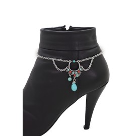 Women Western Jewelry Boot Bracelet Turquoise Blue Beads Charm Silver Metal Chain Shoe Bohemian