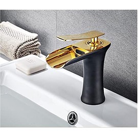 DUSJYOHRD Waterfall Basin Faucets Gold White Brass Bathroom Sink Faucet Black Gold hot and Cold Sink Tap Brass(Black Gold S)