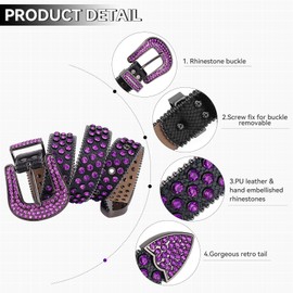TINIDI Men Women Rhinestones Belt Western Bling Diamond Crystal Studded Leather Belt For Jeans Pants (46: fits waist from 34"-36", Purple)