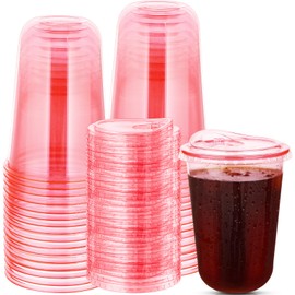 50 Sets Disposable Stemless Glasses With Strawless Sip Lids,PET Drinking Cups,Clear Plastic Coffee Cups for Iced Coffee, Smoothie, Cold Beverage, Drink Shop and Christmas Party Supply (Pink, 16 oz)