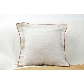 Decorative Linen Cushion Cover with Brown Piping, White Striped Pattern