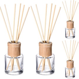 Roshtia 4 Set Reed Diffuser Bottle Empty Refillable Fragrance Glass Diffuser Bottles Set with Wooden Caps Sticks 50ml 1.7 oz Round Glass Jars for DIY Fragrance