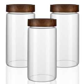 MOLADRI 3 Pack 40 oz/1200 ml Clear Glass Storage Canister with Airtight Wooden Screw On Lid, Large Tall Decorative Glass Container Jar Set for Coffee, Nut, Tea, Candy, Cookie, Cereal, Sugar, Flour