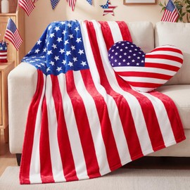 SmoothNovelty 2 Pcs American Flag Throw Blanket and Pillow Set Include 40x50 Inch Soft Patriotic Plush Blanket USA Flag Stuffed Pillow 4th of July Gift for USA Military Veteran Cushion Sofa