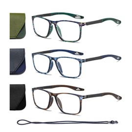 Hubeye 3 Pairs TR90 Sports Anti Blue Glasses for Men and Women Square Comfortable Flexible Blue Light Blocking Computer Readers