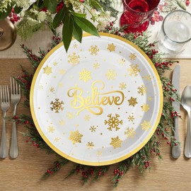 Horaldaily 40Pcs Christmas Paper Plates, Gold Foil Believe Snow Plates for Party Birthday Holiday Dinner Event Disposable Tableware Supplies Decor, 7lnch