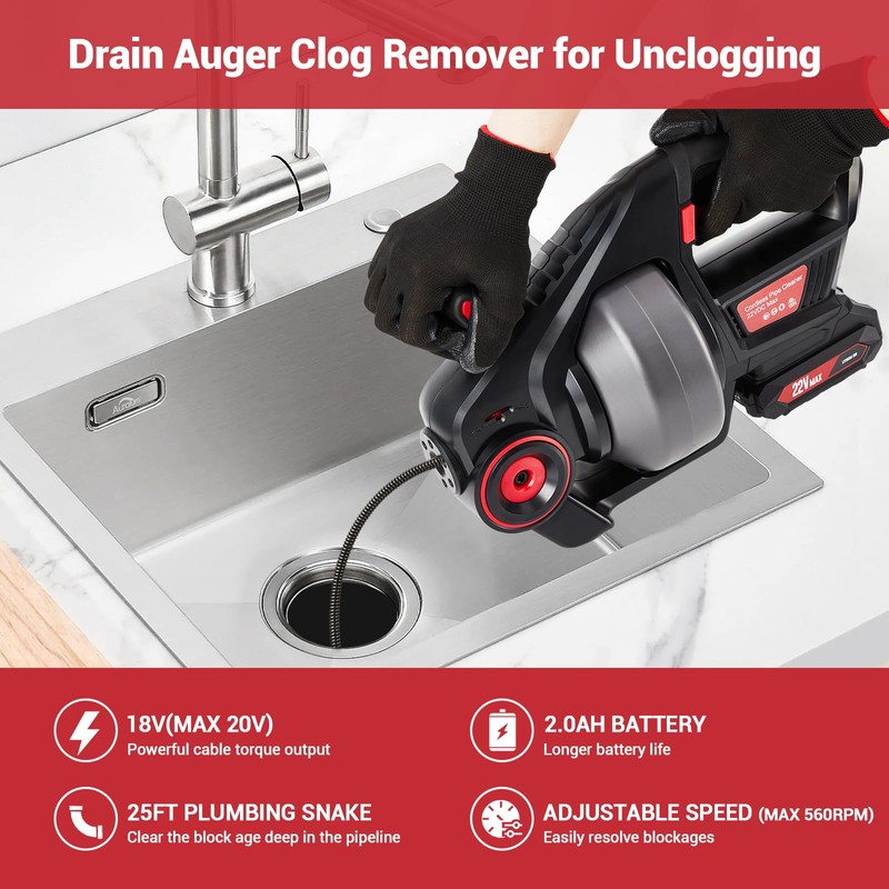 Electric Drain Auger, 25 ft Plumbing Snakes, Snake Drain Clog