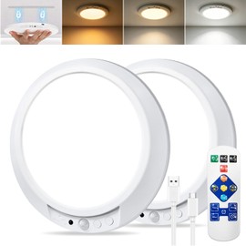 2 Pack Rechargeable Ceiling Light with Remote, 8000mAh Battery Operated Motion Sensor Shower Light, No Wiring Magnetic LED Overhead Lighting, 3 Colors & Dimmable, Timer for Closet Shed Hallway Pantry