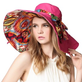 Reversible Large Brim Floppy Sun Hat Foldable Bucket Beach Hat Anti-UV Travel Boho Hat for Women Chin Strap Rose Red