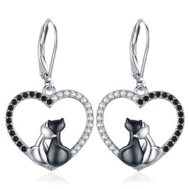 LOOVE Sterling Silver Cat Earrings Dangle Heart Black Cat Earrings Animal Earrings for Women Dangling