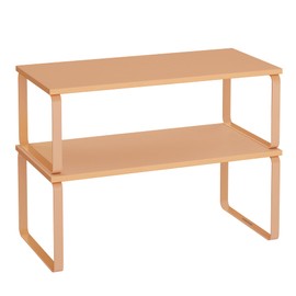 SONGMICS Cabinet Organizer Shelf, Set of 2 Kitchen Counter Shelves, Kitchen Storage, Spice Rack, Stackable, Expandable, Metal and Engineered Wood, Ink Black and Natural Beige UKCS200B01