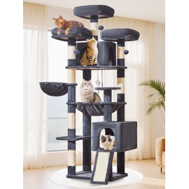 Taoqimiao 76-Inch Cat Tree with Scratching Posts,XXL Cat Tower for Large Cats with Cat Scratching Board,Extra-Large Metal Hammock,3 Perches, 2 Big Condos, Hanging Basket,MS047G,Smoke Gray