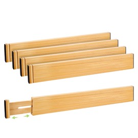 Fyvva Drawer Divider, Adjustable Bamboo Kitchen Drawer Organizer, Spring Loaded Drawer Organizer, Dresser Separators for Kitchen, Bathroom, Clothes, Office Desk Storage (Natural, 4 Pack Large)