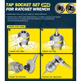 Adjustable Tap Socket Set, 3-Piece Low-Profile Tap Holder for Ratchet Wrench, 1/4", 3/8", 1/2" Drive, Fits Taps/Reamers/Extractors with Square Shank M3–M19, Heavy-Duty CR-MO Steel for Pros & DIY
