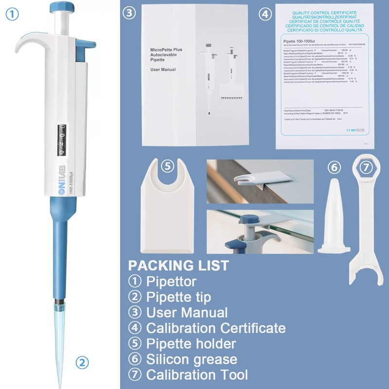 ONiLAB 1000-5000μl Laboratory Single-Channel Pipette Scientific Laboratory Micropipette Manual Adjustable