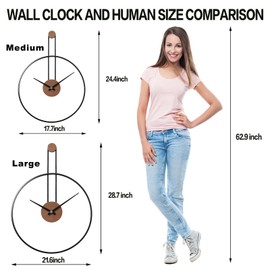 YISITEONE Medium Decorative Wall Clock for Living Room,Metal & Walnut Dial Home Decor Silent Non Ticking Lightweight Clocks for Bedroom, Study, Office Decorations, 24.4" X 17.7",Black