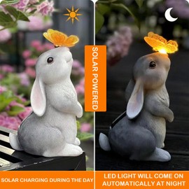 ANSIKE Solar Outdoor Garden Statues Decor-Rabbit Statue with Solar Butterfly Light 7 Colors Change for Patio Lawn Ornament Thanksgiving for Mom Grandma Kids, Bunny with Color Change