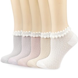 Mcool Mary Womens Socks, Ruffle Low Cut Casual Socks Knit Cotton Breathable Mesh Cute Lace Ankle Socks for Girls 5Pack