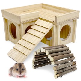BNOSDM Wooden Hamster Hideout Dwarf Hamster Wood House with Ladder Gerbils Climbing Exploring Toys Cage Accessories for Syrian Hamsters Mice and Other Small Pets