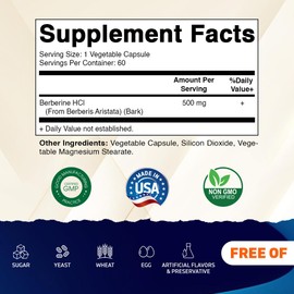 Vitamatic Vitamatic Berberine Supplement 500mg - 60 Vegetable Capsules - Made in The USA - Gluten Free - Non-GMO (1 Bottle)