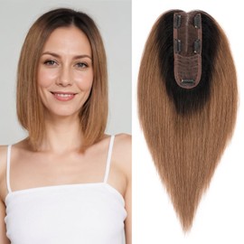 TESS 100% Human Hair Topper for Women,Hair Topper for Women with Thinning Hair,Hair Toppers for Women Real Human Hair,2"*6" Handcrafted Lace Base 150% Density 10" Ombre Light Brown with Dark Roots