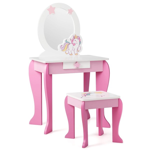 KOTEK Kids Vanity with Mirror and Stool, 2 in 1 Wooden Princess Makeup Dressing Table Set w/Detachable Top & Storage Drawer, Pretend Play Vanity Table Set for Girls (Pink Star)