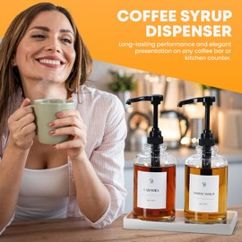 BEYTIFY Coffee Syrup Dispenser Set of 2 – 16.9oz 500ml Glass Syrup Bottles with Black Pumps – Glass Syrup Dispenser for Coffee Bar, Kitchen, Beverage Station – Includes 12 Flavor Labels