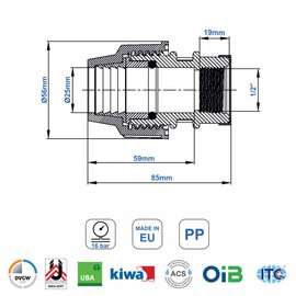 SmartProduct SmartProduct PP Kupplung MDPE 25mm x 1/2 Zoll mit Innengewinde IG - Verschraubung für PE Rohr PN16 DVGW Trinkwasser zertifiziert – 25 mm Klemmverbinder Adapter für PE80 PE100 Rohren - 2 Stück