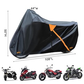 Autolion Motorcycle Cover,Waterproof Zipper Outdoor Cover for All Seasons Windproof, High Heat Resistance Dustproof and Rainproof Snowproof(Orange Zipper XXL Fits Up to 108 inch)