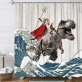 JAWO Funny Cat Shower Curtain, Japanese Ocean Wave Cat Riding Dinosaur Shower Curtain Nautical Kids Children Rustic Wooden Farmhouse Fun Shower Curtains, 72X72inch