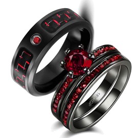 wedding ring set Two Rings His Hers Couples Matching Rings Women's 2pc Black Gold Filled Red CZ Wedding Engagement Ring Bridal Sets Men's Stainless Steel Wedding Band, crystal stone Metal, Cubic Zirconia