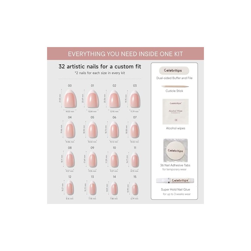 Celebritips Uñas Postizas Decorativas | Esmalte Francés Clásico, Uñas Cortas