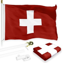 G128-6 Feet Spinning Flagpole (White) Switzerland 150D Flag Brass Grommets Printed 3x5 ft (Flag Included) Aluminum Flag Pole