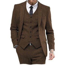 Mens Tweed Herringbone Wedding Suit Prom Tuxedos 3 Piece Peak Lapel Dress （46,Brown