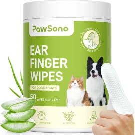 PawSono Dog Ear Finger Wipes for Dogs & Cats, Thick Aloe-Scented Cleaner, 50 Count, Remo