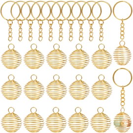 SUNNYCLUE 30Pcs Stone Holder Charm Spiral Cage Beads Bulk Golden Metal Iron Round Hollow Crystals Holders Bead Charm with Keychain Rings for Jewelry Making Charms Necklaces DIY Crafts Accessories
