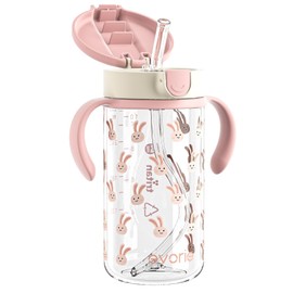Evorie Tritan Spill Proof Toddler Straw Sippy Cup, 10 oz for Baby and Toddlers 1-3 Years Old, No Spill Straw Water Bottle with Removable Handles, Ideal for School, BPA-Free, Pink Rabbit