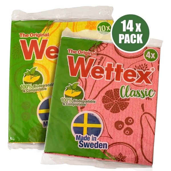 Wettex The Original 14 Pack Swedish Dishcloth for Kitchen - Eco Friendly Reusable Paper Towels - Assorted Dish Cloths for Washing Dishes