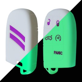 YOSRTER 1 Pc Silicone Key Fob Cover Protector for Challenger Charger Durango Journey Dart Glow in Dark 5 Buttons Key Shell for Dodge Accessories(White Edge Purple Trim)