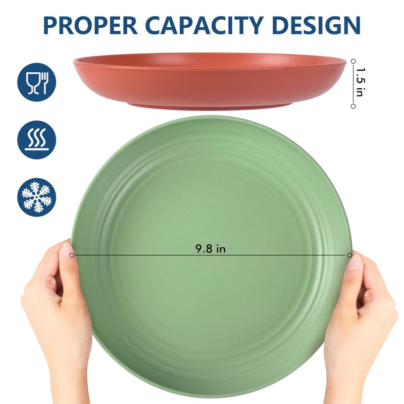 HOTEC 8-Pack 10inch BPA Free Unbreakable Deep Dinner Plates, Wheat