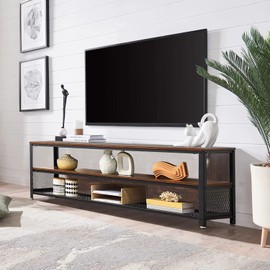 Zanzio Rustic 3-Tier Storage Shelves with Adjustable Feet, 55" Wide Industrial Metal and Wood Shelving Unit for Multi-Purpose Organization, TV Console Table, and Entryway Bench - Brown